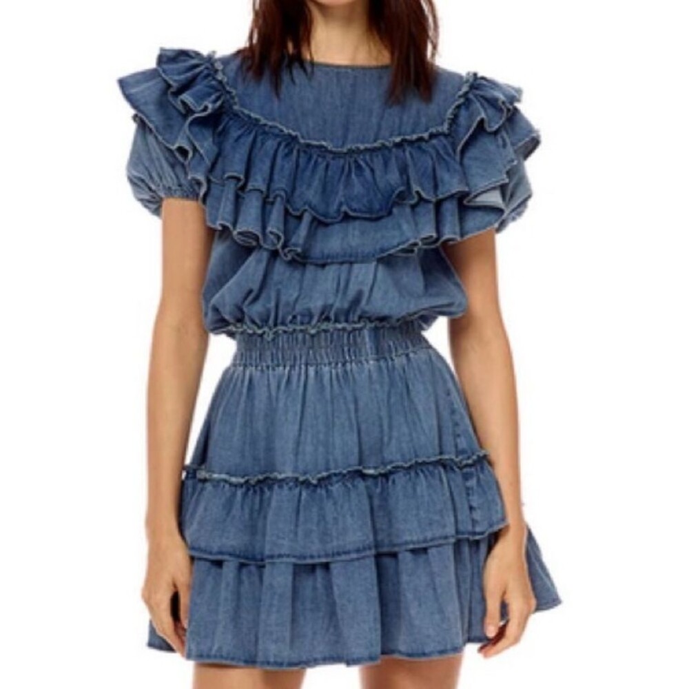 Stellah Chambray Denim Ruffle Dress Smocked Waist Coastal Cowgirl Western Sz S